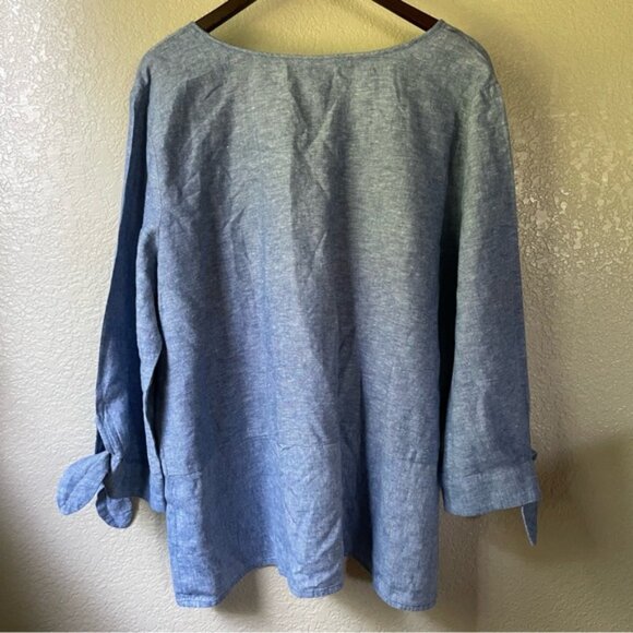 Liz Claiborne Womens XXL 2XL Linen Blend Chambray Tunic 3/4 Tie Sleeve Blouse - Picture 7 of 9